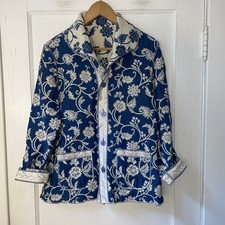 Tapestry Vtg Blue Floral Reversible Silk Trim Beaded Jacket M Cottagecore Boho