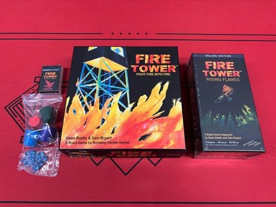 Fire Tower Kickstarter Deluxe Game with Rising Flames Mega Hawks Wooden Buckets