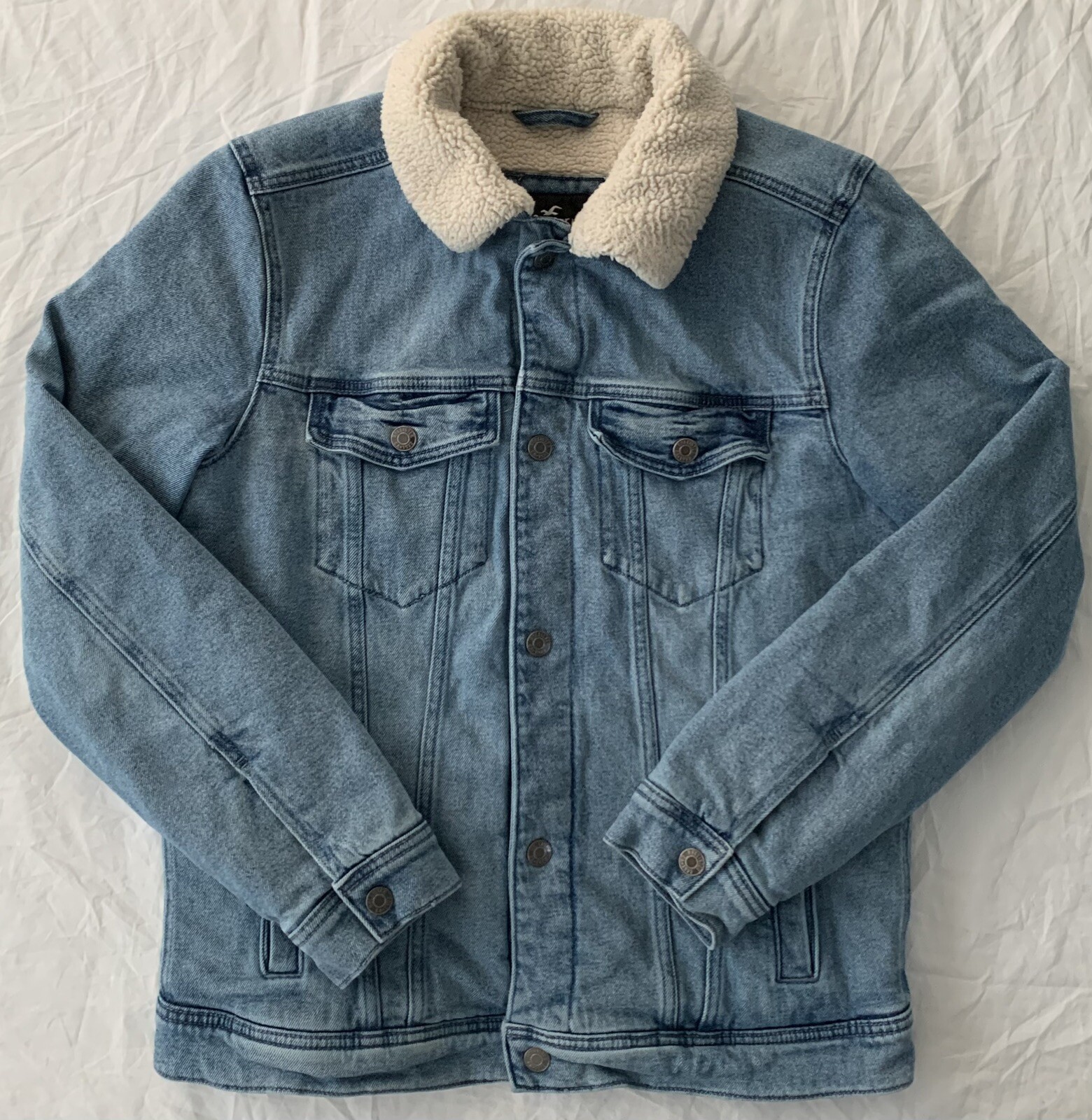 Denim Jacket Hollister Advanced Stretch Light Wash Mens Med Snap Up Sherpa Lined-image