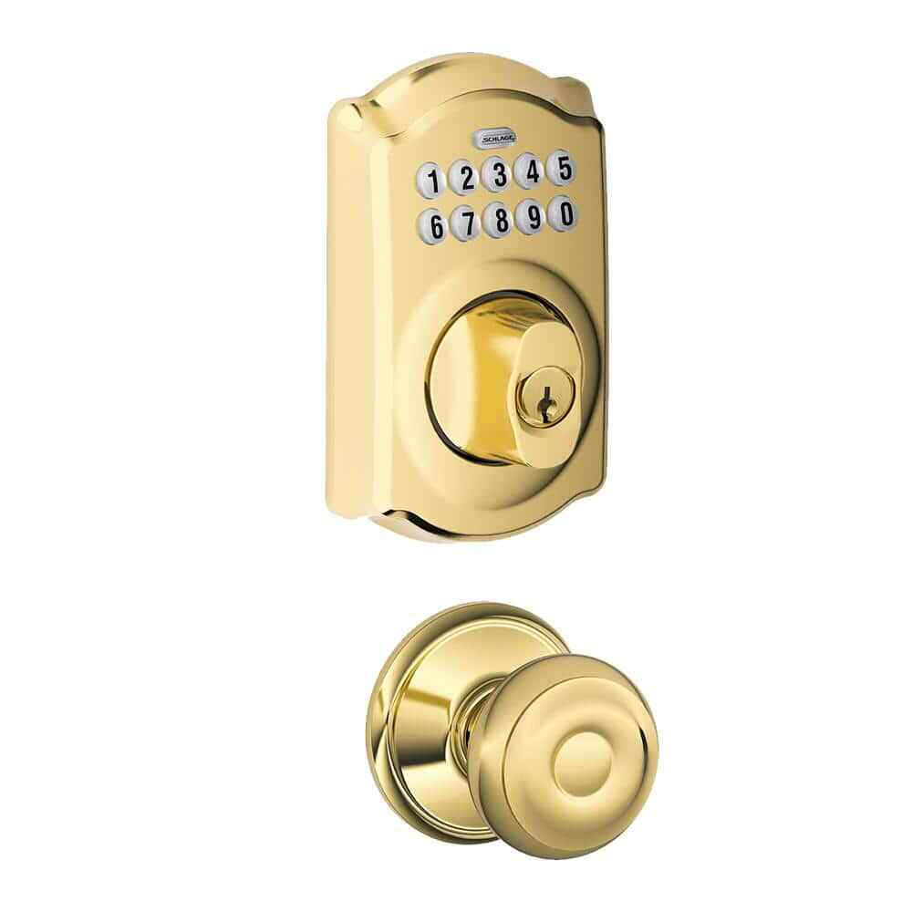 Bright Brass Camelot Keypad Deadbolt & Georgian Knob Set