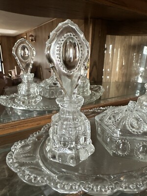 VTG L.E. Smith Beaded Medallion Glass Vanity Set, 7-piece Grandma core #399