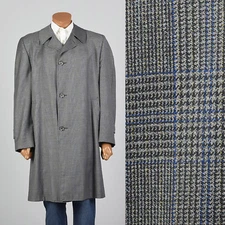 Large 1960s Gray Blue Plaid Overcoat Pockets VTG Single Vent Long Medium Weight