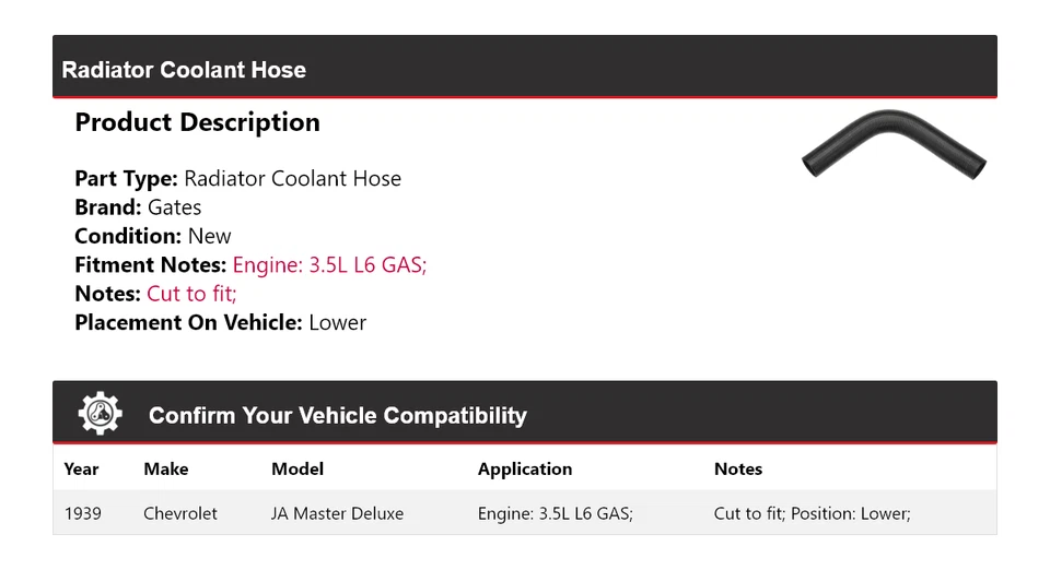 Manguera de refrigerante de radiador para Chevrolet JA Master Deluxe 1939 puertas inferiores Foto 2 de 4