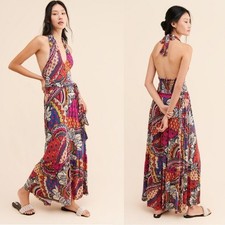 Anthropologie Maeve Cynthia Halter Maxi Dress XS P Pink Multi Geo Jersey Hippie