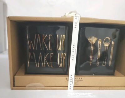 Rae Dunn WAKE UP MAKE UP Brush Holder Organizer Gift Set BLACK New Magenta