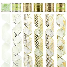 6 PCS 36 Yards Wired Gold Green Ribbon Set For Christmas Tree Decoration