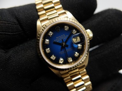 Rolex 18K Gold Ladies President 69178 Blue Vignette Diamond Dial Service Papers
