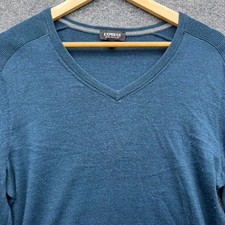 Express V-Neck Sweater Men's Size L Blue Merino Wool Blend Long Sleeve Pullover