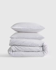 Organic Crisp Percale Double Stripe Duvet Cover Set Full/Queen Mineral/White
