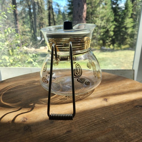 Caffettiera vintage MCM vetro ignifugo Jet-O-Matic stile atomico manico metallo oro - Foto 5 di 10