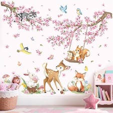 Woodland Animals Pink Flower Wall Stickers Cherry Blossom Branch Deer Fox