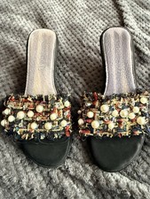 Black Beaded Bling Sandals Low Wedge Size 6, Holiday .