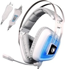 Sades A8S White Metal Gaming Bass Vibration USB Headset Blue LED Headphones