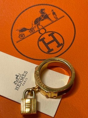 HERMES Kelly Cadena Scarf Ring Lizard Gold Tone Metal France Used No Box