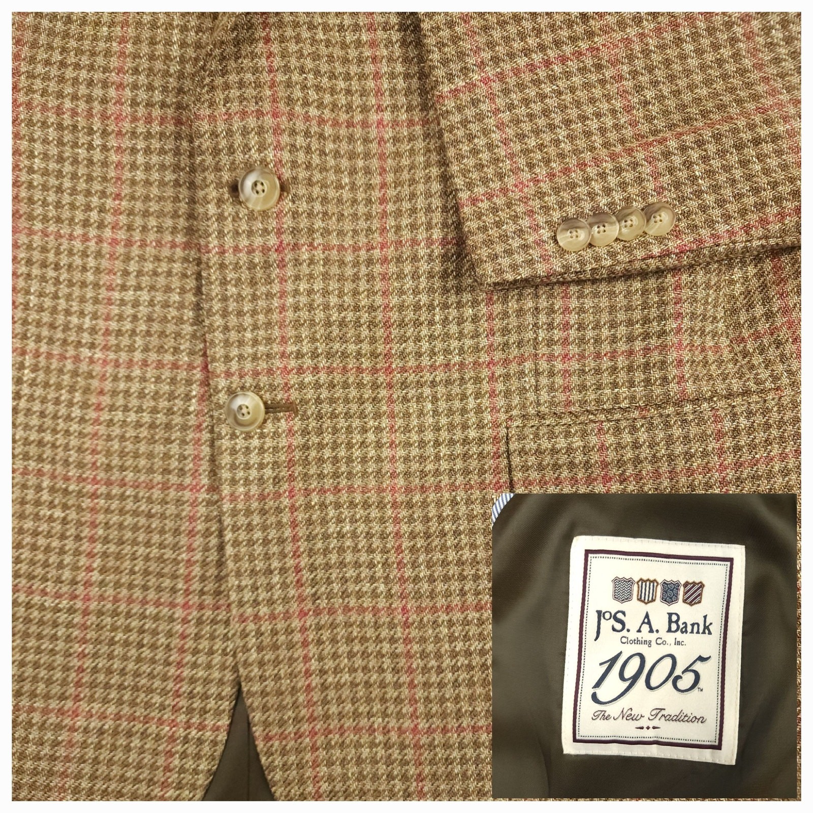 Jos A Bank 1905 Sport Coat Mens 44R Tailored Fit Linen Wool Cotton Houndstooth