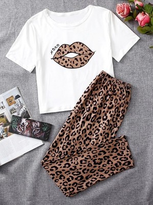Bequemes Pyjama Set mit Leoparden und Lippenmuster für Damen Billig24