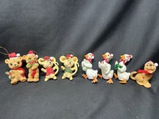 Vintage Flocked Christmas Ornaments Lot Goose Bear Mice Dog Kitsch Grandma Era