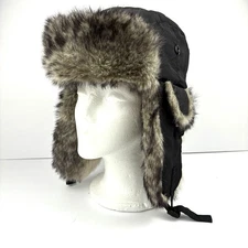 Dorfman Pacific Scala Trapper Hat OS Black Faux Fur Ear Flaps Aviator Winter EUC