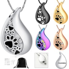 Paw Print Teardrop Pet Urn Pendant Memory Necklace Urns for Dog Cat Ashes Holder