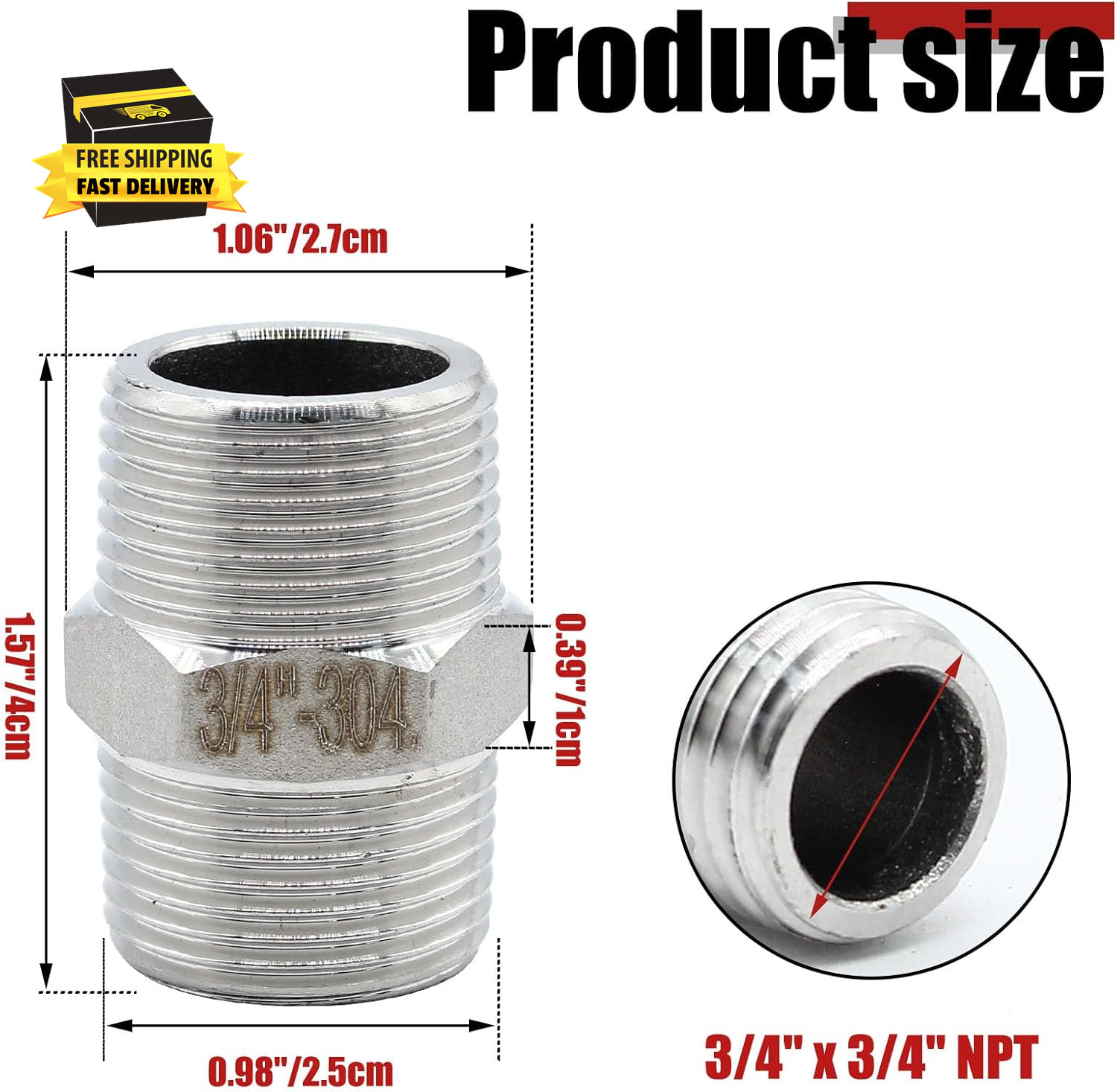 4 Pcs 3/4" X 3/4" NPT Male Hex Nipple, 304 Stainless Steel Threaded Pipe Fitting