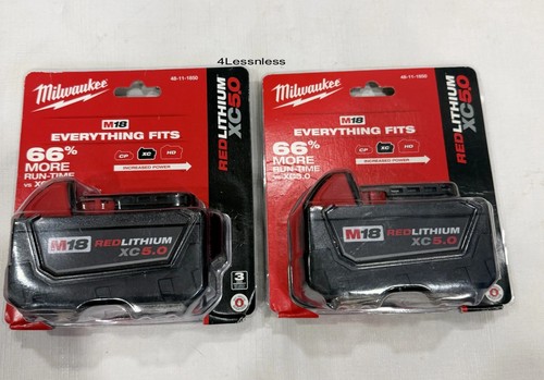 2 PCS Milwaukee 48-11-1850 M18 XC 5.0 AH 18 Volt Capacity Battery New In 2PC