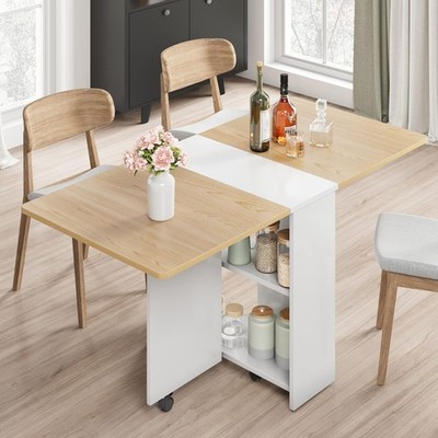 Folding Dining Table with 6 Wheels Storage Racks for Small Kitchen Saving Space