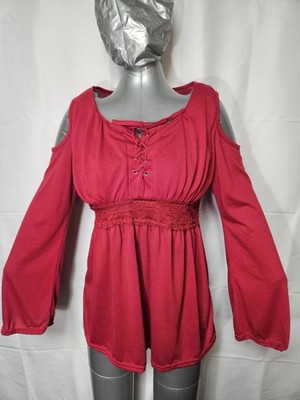 Mooncolour XXXL Red Cold Shoulder Lace Up Casual Renassiance Tunic Blouse