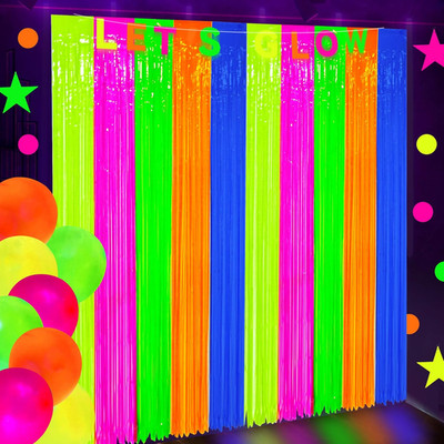 2 Pack Neon Foil Fringe Curtains Glow in the Dark Tinsel Streamers Fluorescent M