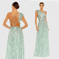 Mac Duggal #5565 Sequined One Shoulder Flutter Sleeve A Line Gown Glass Green 4