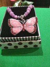 20 Inch Pink Jade Necklace With Silver Plated Pink & Red Butterfly Pendant.