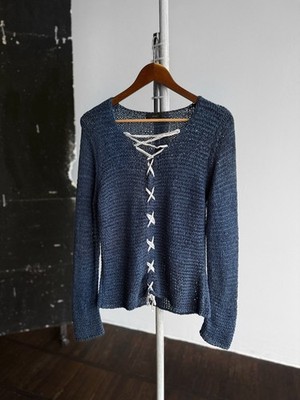 Oui Womens Navy Blue Knit Lace Up Sweater Pullover Acrylic Nylon Blend Size M/L