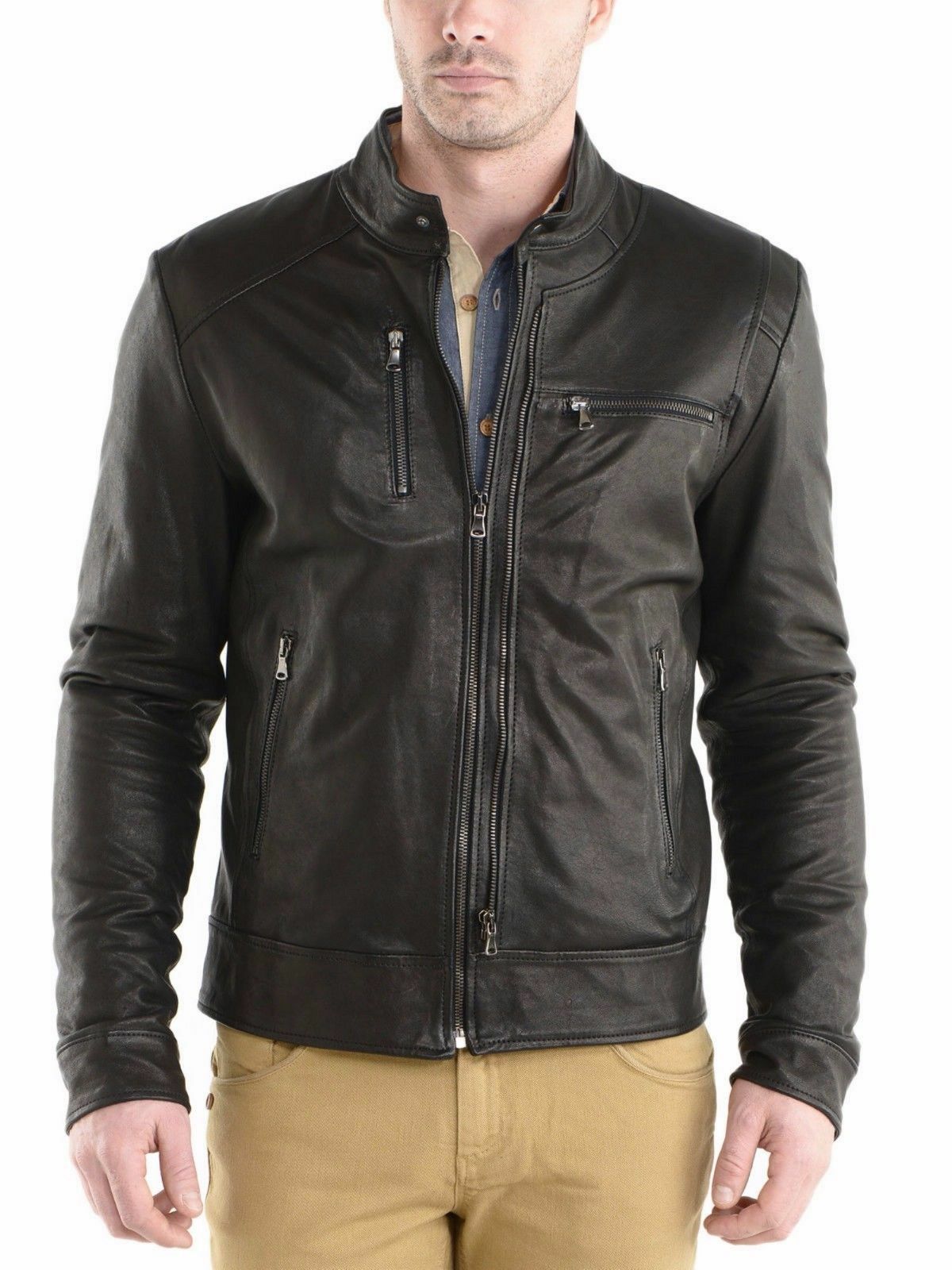 Retro Genuine Lambskin Leather Motorcycle Biker Jacket for Men