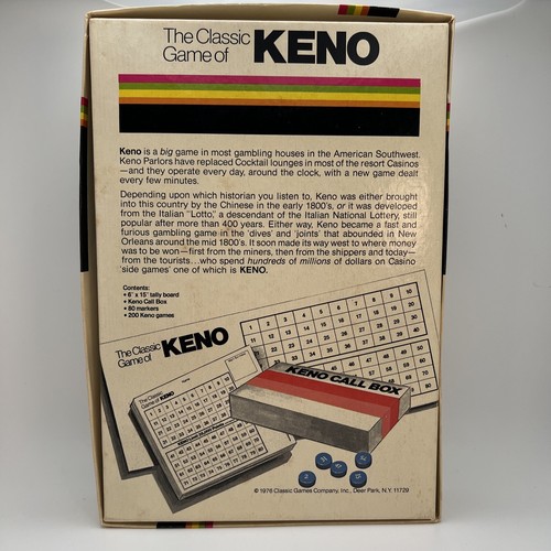 Vintage 1976 Classic Games Co. box with red-bordered KENO game board, red markers, and instructions for The Classic Game of KENO.