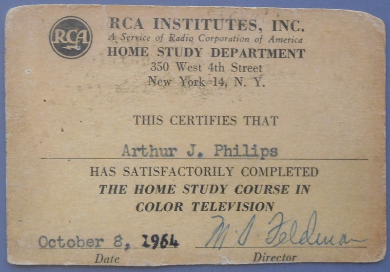 1964 RCA Institutes Color TV Home Study Course Completion Card Original Uncommon