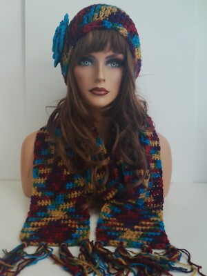 BRIGHT MULTI COLOR HAND CROCHET FLOWER HAT AND SCARF SET  display picture 3
