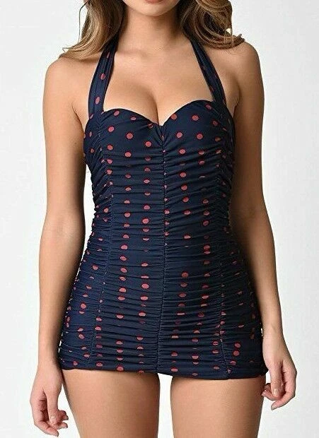 Unique Vintage Womens Ruched Mansfield One Piece Swimsuit Red Navy