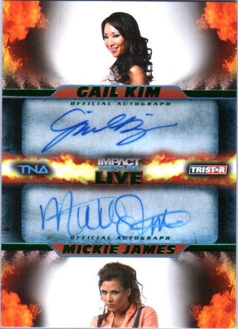 TNA Mickie James & Gail Kim 2013 Impact LIVE GREEN Dual Autograph Card SN 10 /50
