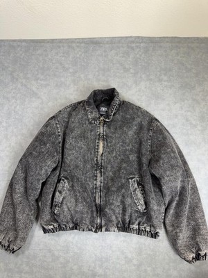 Zara Jacket Mens XL Gray Denim Bomber Acid Wash Fleece Lined Pockets 90s Retro