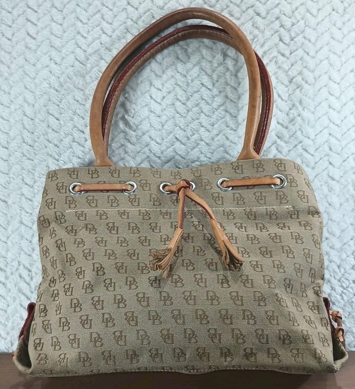 Dooney & Bourke Vintag Brown Tan Logo Monogram Tote Satchel Canvas Leather Purse