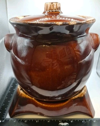 Hull Pottery Bean Pot Warmer Base Brown Drip Glaze Crock Casserole..chipped Lid