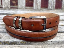 Mezlan Brown Leather Dress Belt Black Stripe Center Made In Spain 38