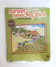 NOS Vintage Sunset Needlepoint Kit SPRINGTIME SAMPLER 1978 Barn Rainbow