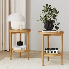 Sonia Boho Round Accent End Table, Natural Sofa Side Table in Light Wood with...