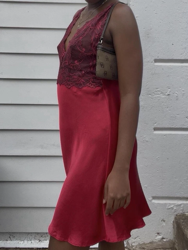 Vestido de encaje rosa rojo lencería sin cordones nailon coqueta casa babydoll Foto 3 de 4