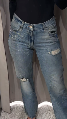 Zara TRF Ripped Wide Leg Rhinestone Jeans Blue UK8 UK10 UK14 UK16