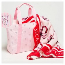 VICTORIA SECRET Shine Heritage Pink Stripe Tote Bag & Candy Cane Sherpa Blanket
