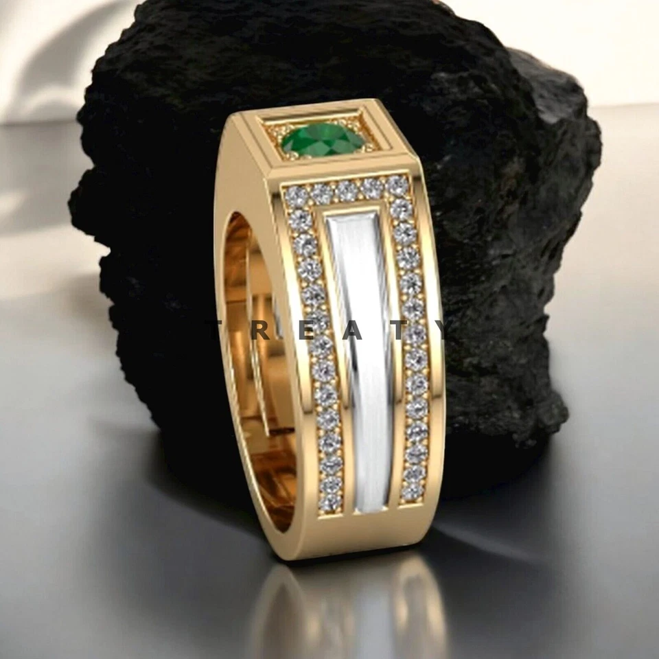 Esmeralda corte redondo con anillo chapado en oro de plata de ley 925 para hombre #495 * Foto 2 de 4