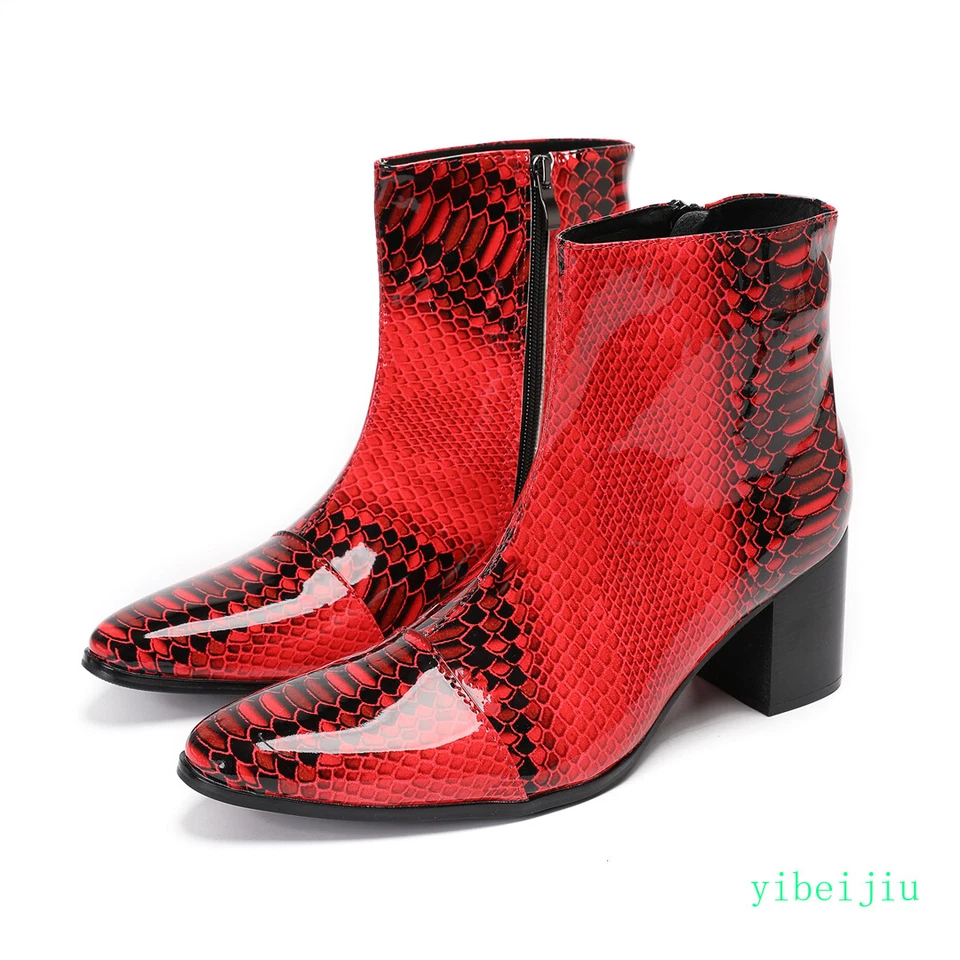 Men's Dress Formal Glossy Ankle Boot Mid Heel Snakeskin Pattern Serpentine Shoes - Image 2 of 4
