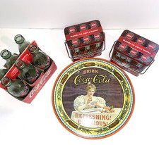 VTG Coca Cola Advert Metal Tray 1977 Bev Round 75th With Tins And NASCAR 6 Pk