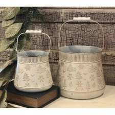 NEW SHABBY BUCKETS Embossed Snowflakes Trees BINS Distressed Cottage Chic 2pcs